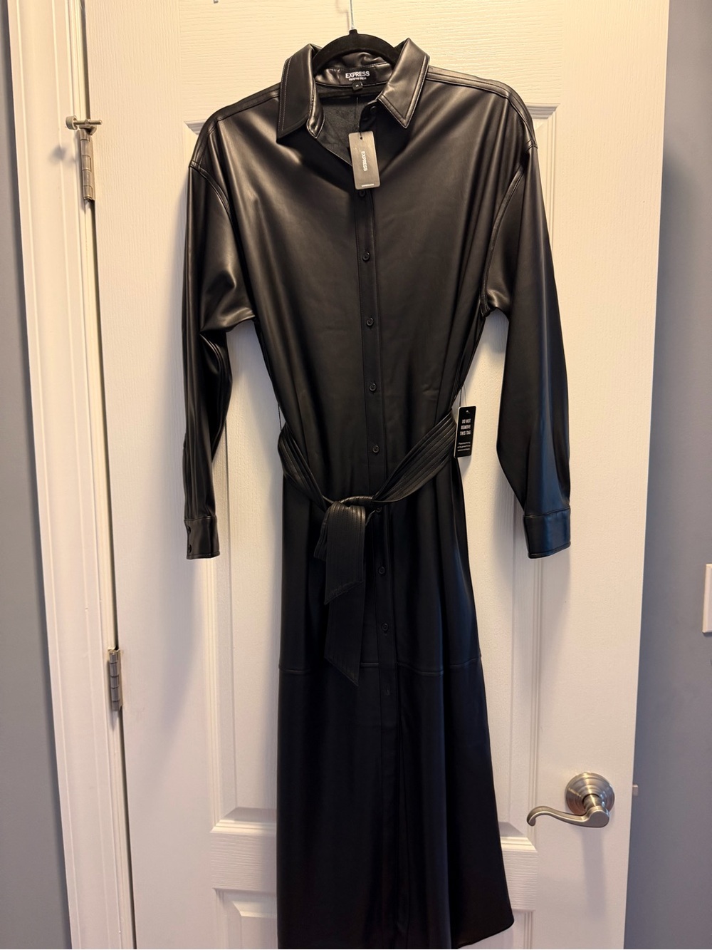 Express Black Faux-Leather Long-Sleeve Shirt Dress with Waist Tie